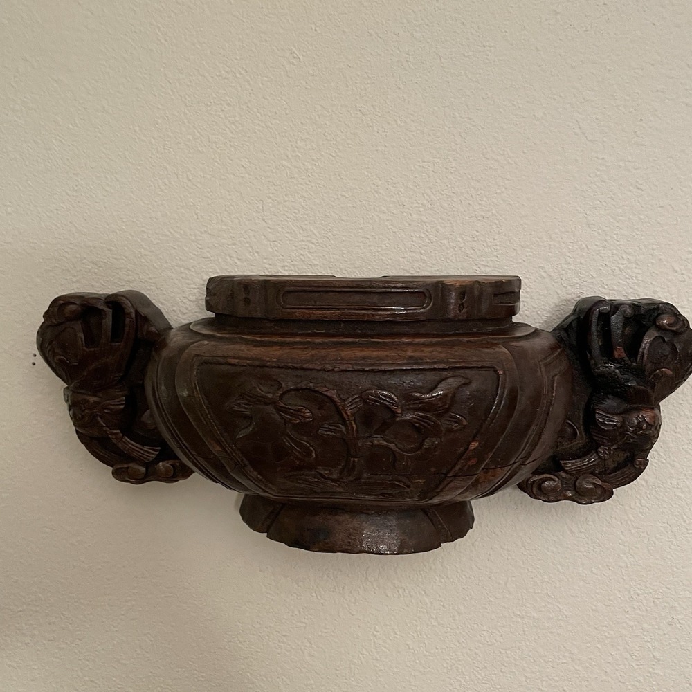 Antique Asian Carved Wood Carpenter Ink Pot Sumitsubo Muktong 14" Architectural